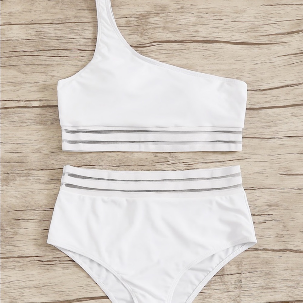White Two Piece: One Shoulder & High Waisted Mesh